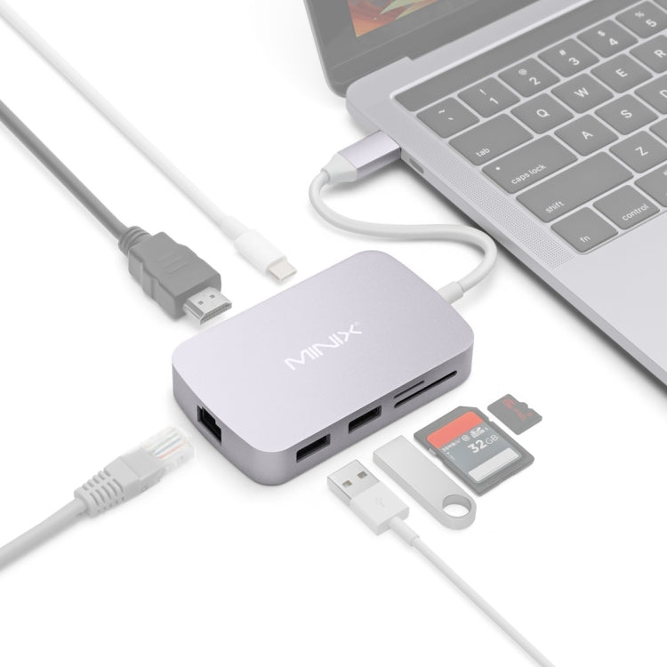 MINIX NEO C-X 7 in 1 USB-C / Type-C to 2 x USB 3.0 + HDMI + Gigabit Ethernet Port + SD(HC) + Micro SD Card Reader Adapter with USB Type-C Power Charging, Support 100MB
