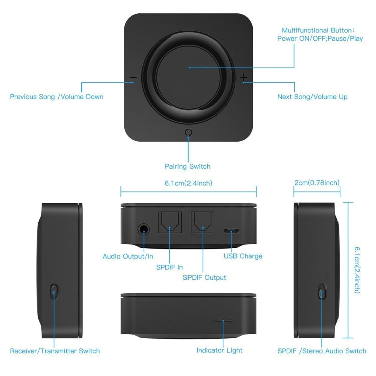 BT4842B Bluetooth V5.0+EDR  Wireless Bluetooth Transmitter Receiver Adapter Stereo Audio Music Adapter with 3.5mm Audio Cable(Black)