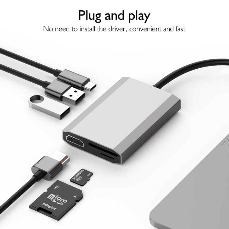 basix TW6A 6 in 1 USB-C / Type-C to 2 USB 3.0 + USB-C / Type-C + HDMI Interfaces HUB Adapter with Micro SD / SD Card Slots (Grey)
