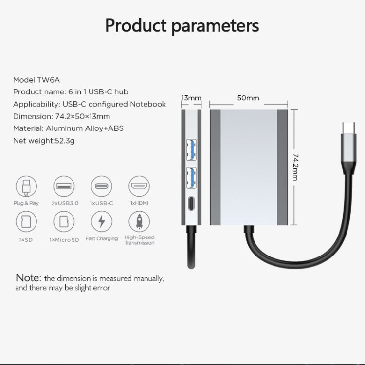 basix TW6A 6 in 1 USB-C / Type-C to 2 USB 3.0 + USB-C / Type-C + HDMI Interfaces HUB Adapter with Micro SD / SD Card Slots (Grey)