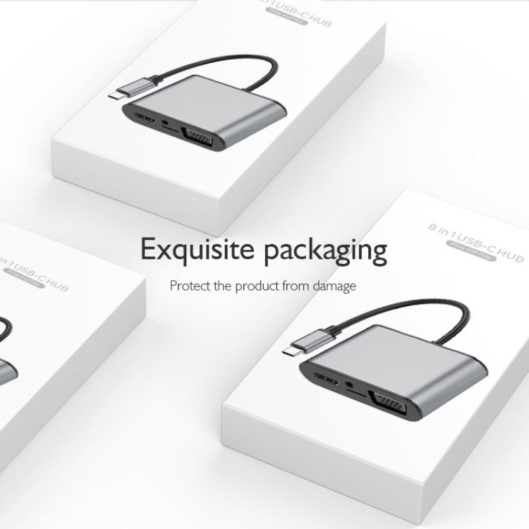 basix TW8R 8 in 1 USB-C / Type-C to 3 USB 3.0 + USB-C / Type-C + HDMI + VGA Interfaces HUB Adapter with Micro SD Card Slot & 3.5mm AUX (Grey)