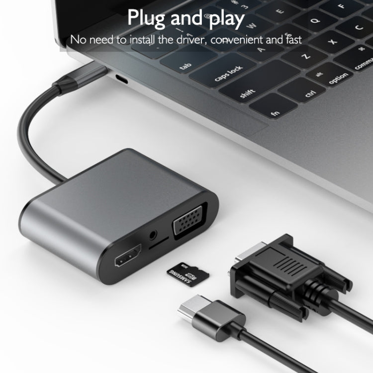 basix TW8R 8 in 1 USB-C / Type-C to 3 USB 3.0 + USB-C / Type-C + HDMI + VGA Interfaces HUB Adapter with Micro SD Card Slot & 3.5mm AUX (Grey)