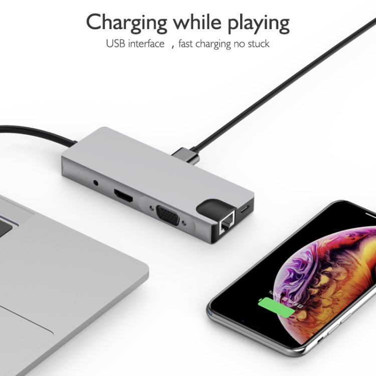 basix TW9R 9 in 1 USB-C / Type-C to 2 USB 3.0 + USB-C / Type-C + HDMI + VGA + RJ45 Network Interfaces HUB Adapter with Micro SD / SD Card Slots (Grey)