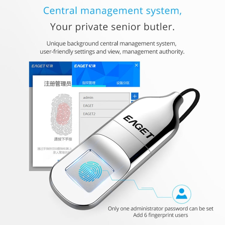 EAGET FU5 32GB USB 2.0 Fingerprint Encryption Password U Disk (Silver)