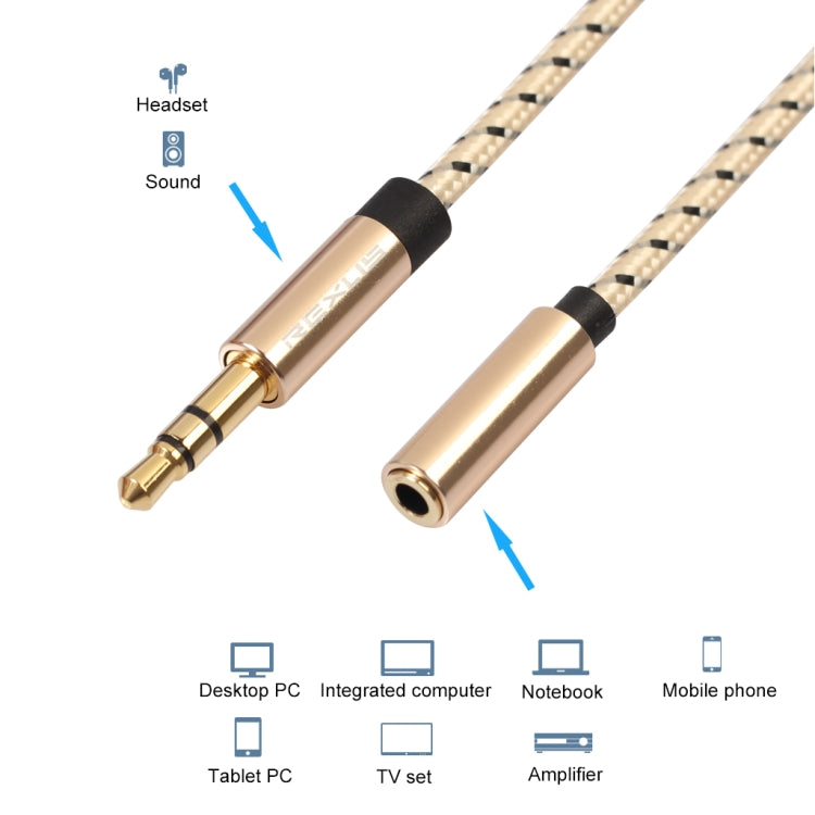 REXLIS 3596 3.5mm Male to Female Stereo Gold-plated Plug AUX / Earphone Cotton Braided Extension Cable for 3.5mm AUX Standard Digital Devices, Length: 0.5m