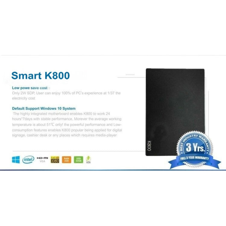K800 Windows 10 and Linux System Mini PC, Intel Cherry Trail Z8300 / Z8350 Quad-core 1.44-1.84GHz, RAM: 2GB, ROM: 32GB