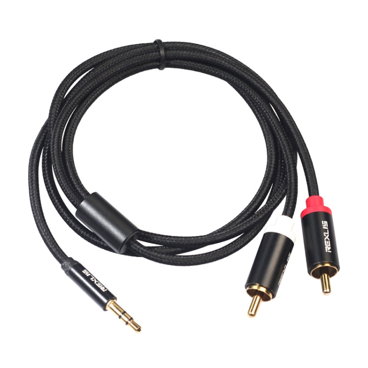 REXLIS 3635 3.5mm Male to Dual RCA Gold-plated Plug Black Cotton Braided Audio Cable for RCA Input Interface Active Speaker, Length: 1m