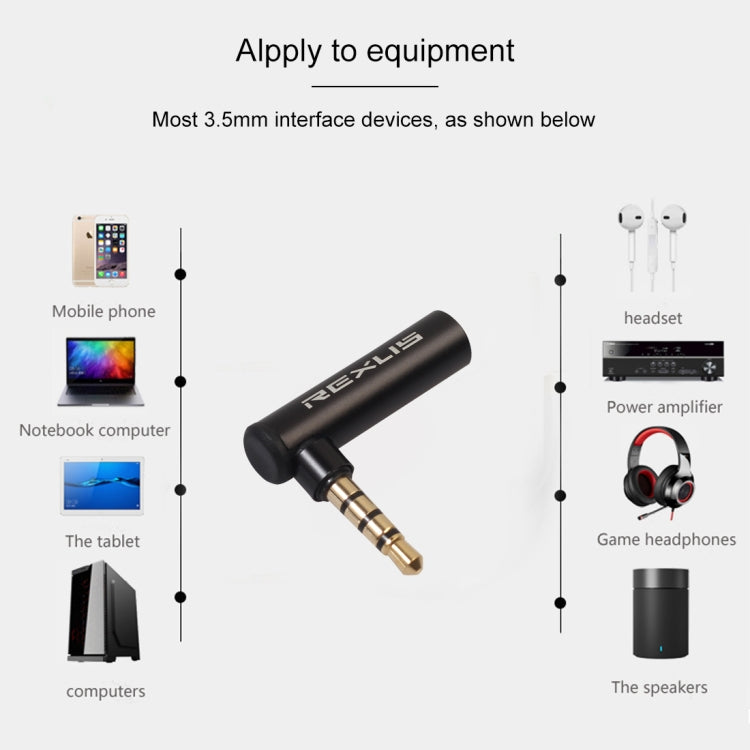 REXLIS BK3567-1 3.5mm Male + 3.5mm Female L-shaped 90 Degree Elbow Gold-plated Plug Black Audio Interface Extension Adapter for 3.5mm Interface Devices, Support Earphones with Microphone