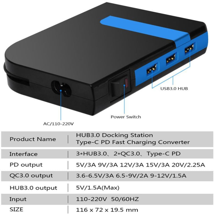 3 USB 3.0 HUB + 2 QC3.0 + Type-C Multi-functional Charger & HUB with Power Switch Button