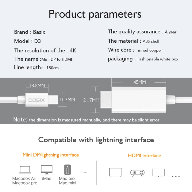 basix D3 Mini DP to 4K HDMI Converter, Cable Length: 1.8m (White)