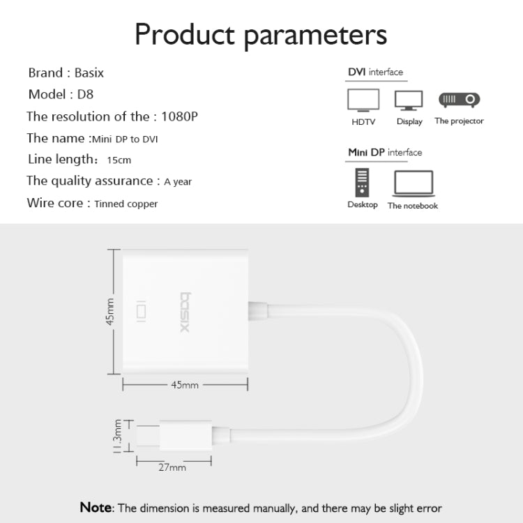 basix D8 Mini DP to DVI Converter, Cable Length: 15cm (White)