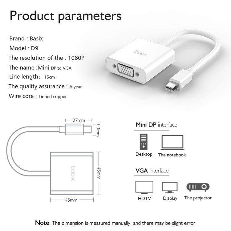 basix D9 Mini DP to VGA Converter, Cable Length: 15cm (White)