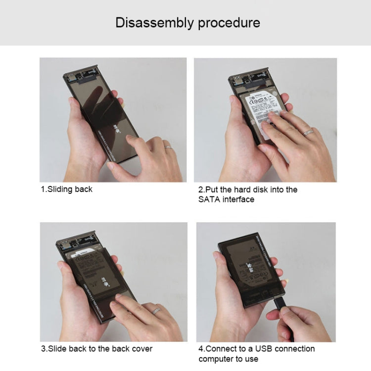 SATA 2.5 inch USB 3.0 Interface Push Cover External Transparent Solid State Drive Enclosure, The Maximum Support Capacity: 3TB