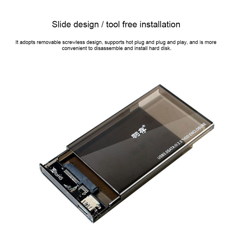 SATA 2.5 inch USB 3.0 Interface Push Cover External Transparent Solid State Drive Enclosure, The Maximum Support Capacity: 3TB