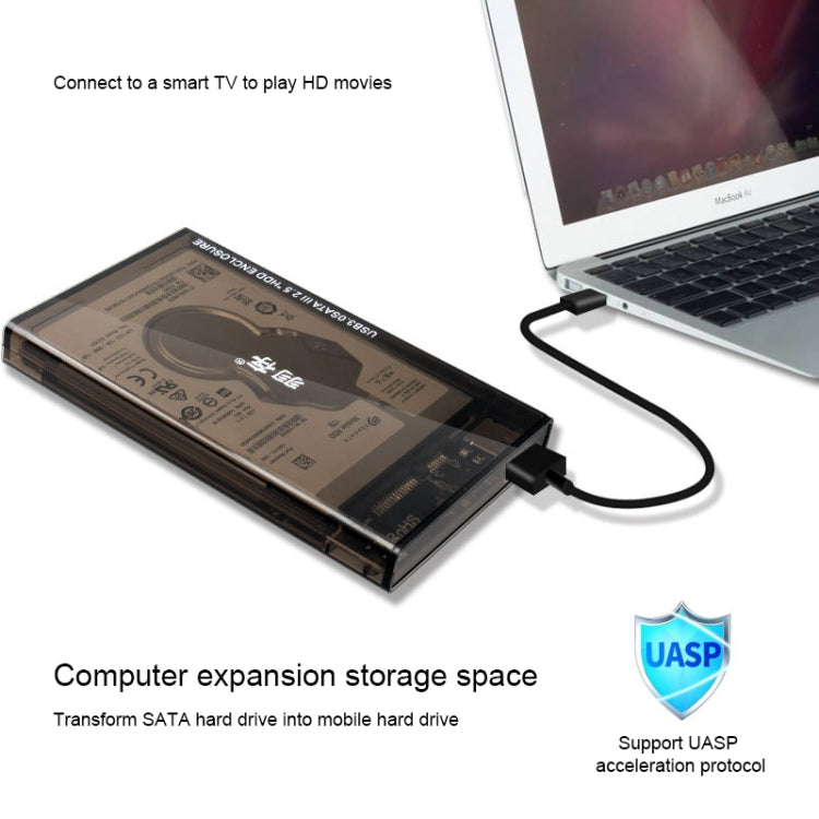 SATA 2.5 inch USB 3.0 Interface Push Cover External Transparent Solid State Drive Enclosure, The Maximum Support Capacity: 3TB