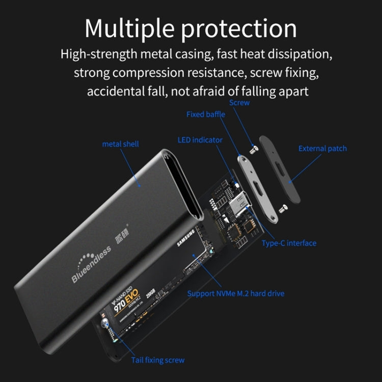 Blueendless M280N M.2 NVME Solid State Drive Enclosure with USB-C / Type-C to USB-C / Type-C Data Cable