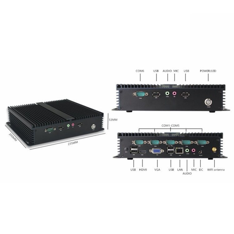 Fanless Mini Industrial Control PC with 6 COM Ports & 6 USB Ports & RJ45 Network Port, 2GB+24GB, Intel Celeron 1037U 1.8GHz(Black)