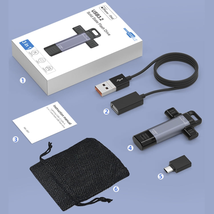 NK-951 3 in 1 USB3.2 to Type-C and 8 Pin Solid State USB Flash Drive with OTG Function