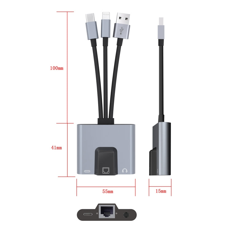 NK-1056S 3 in 1 8 Pin, Type-C, USB to 8 Pin Charging, Ethernet Port, 3.5mm Earphone Multifunctional Converter