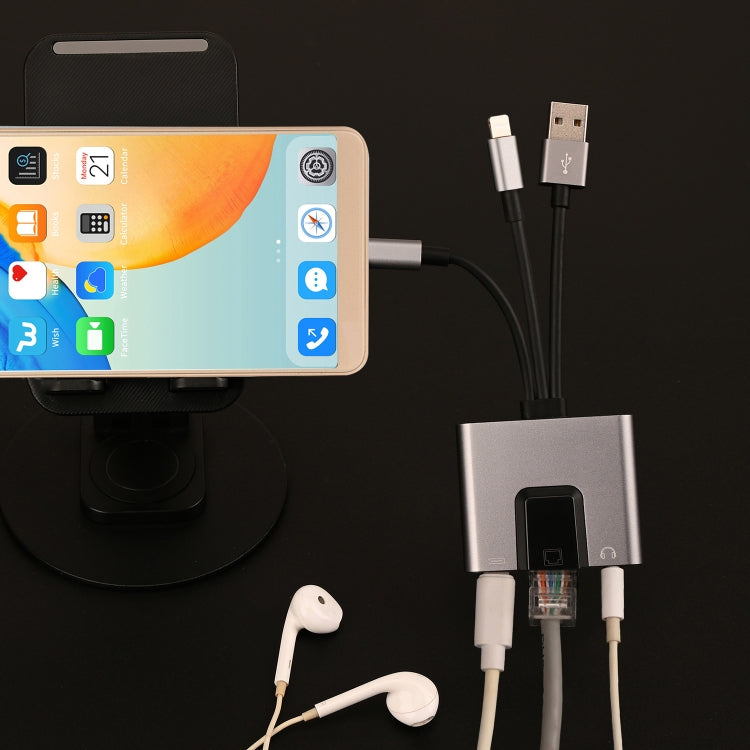 NK-1056S 3 in 1 8 Pin, Type-C, USB to 8 Pin Charging, Ethernet Port, 3.5mm Earphone Multifunctional Converter