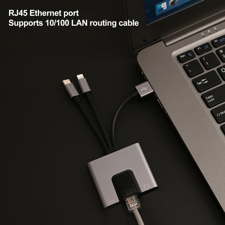 NK-1056S 3 in 1 8 Pin, Type-C, USB to 8 Pin Charging, Ethernet Port, 3.5mm Earphone Multifunctional Converter