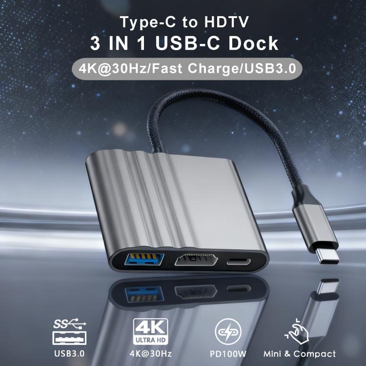 HPA-U3 3 in 1 USB-C / Type-C Male to HDTV, USB 3.0, USB-C / Type-C Adapter  - Grey