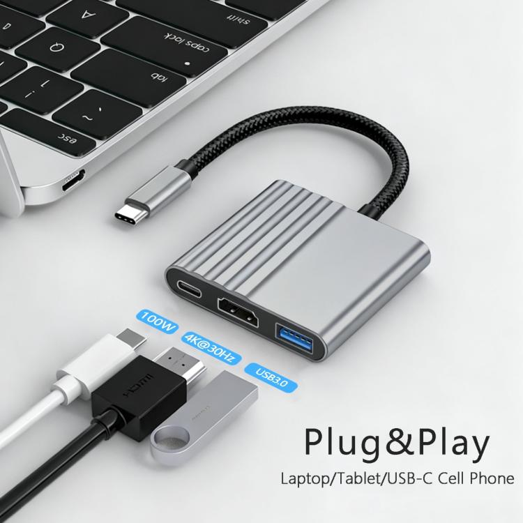 HPA-U3 3 in 1 USB-C / Type-C Male to HDTV, USB 3.0, USB-C / Type-C Adapter  - Grey