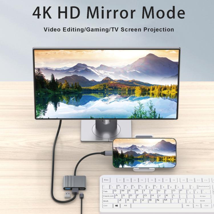 HPA-U3 3 in 1 USB-C / Type-C Male to HDTV, USB 3.0, USB-C / Type-C Adapter  - Grey