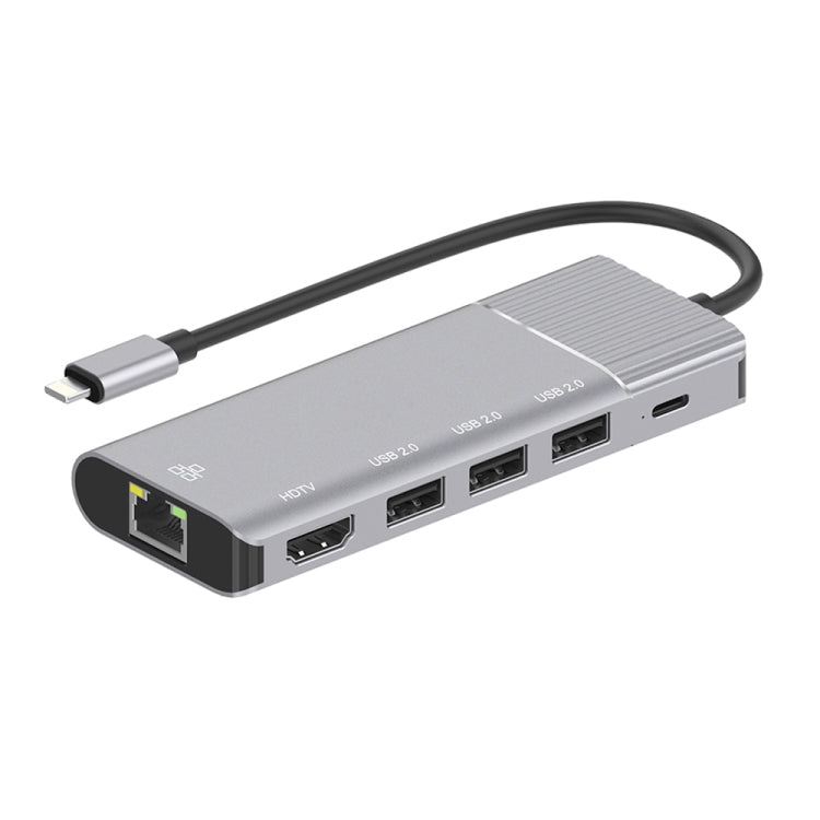 79591 6 in 1 8 Pin to RJ45 + HDMI + 8 Pin Charging + 3 USB 2.0 Ports Multifunctional HUB Converter Docking Station