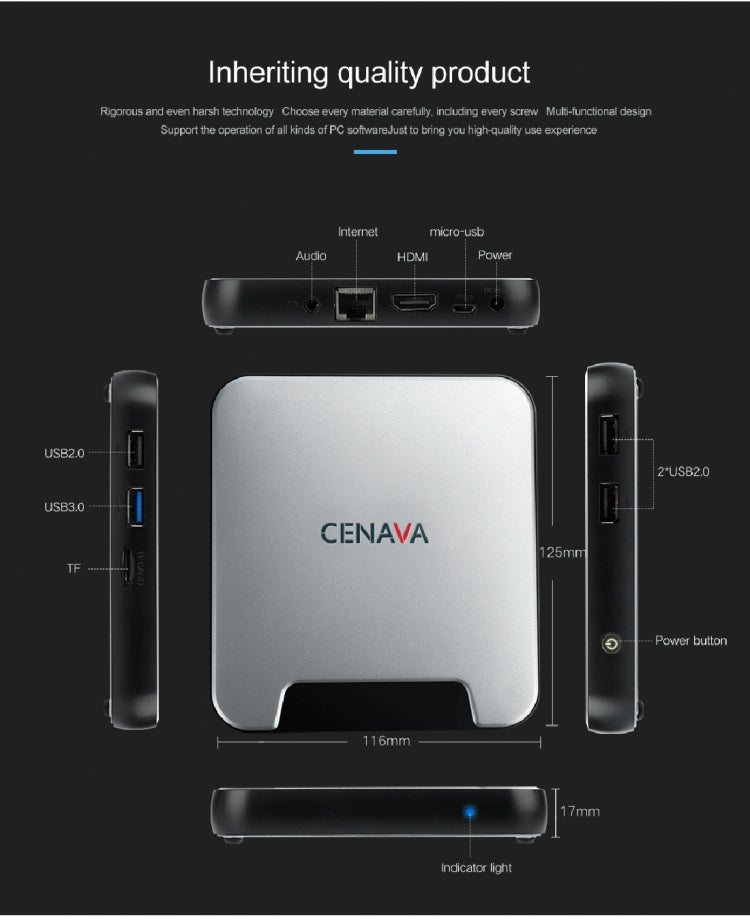 CENAVA MINIPCS Windows 10 Home Mini PC, Intel Atom x5-Z8350 Quad-core Up to 1.92GHz, RAM: 4GB, ROM: 64GB, Support WiFi, Bluetooth 4.0, TF Card, US/EU Plug