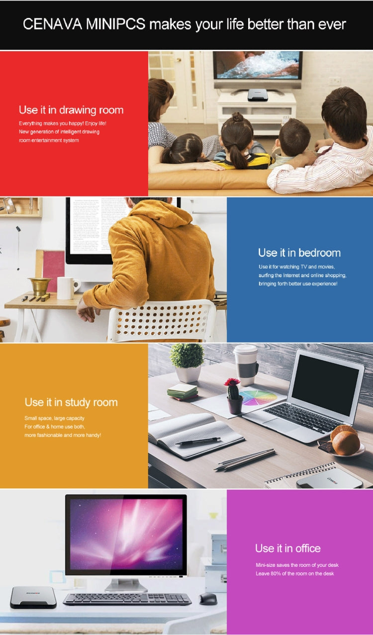 CENAVA MINIPCS Windows 10 Home Mini PC, Intel Atom x5-Z8350 Quad-core Up to 1.92GHz, RAM: 4GB, ROM: 64GB, Support WiFi, Bluetooth 4.0, TF Card, US/EU Plug