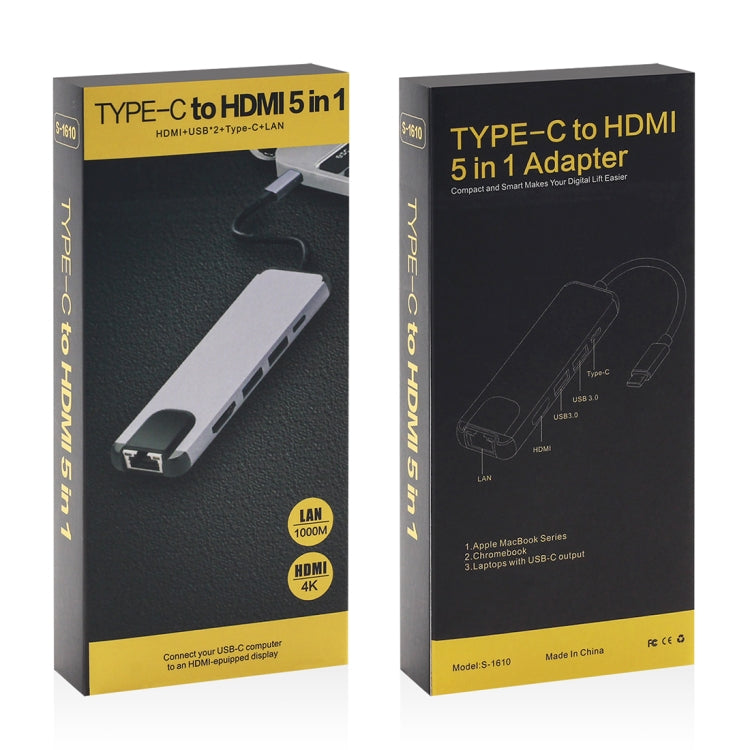 5 in 1 Type-C to HDMI + USB 3.0 + USB 3.0 + Type-C + LAN Card Reader Adapter(Grey)