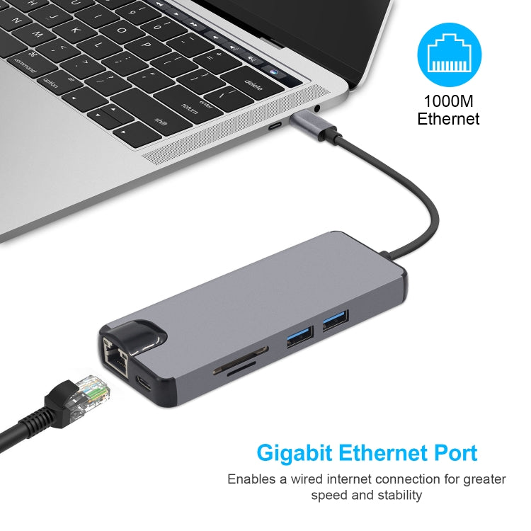 8 in 1 Type-C to HDMI + USB 3.0 + USB 3.0 + Type-C + LAN + VGA + TF/SD Card Reader Adapter(Grey)