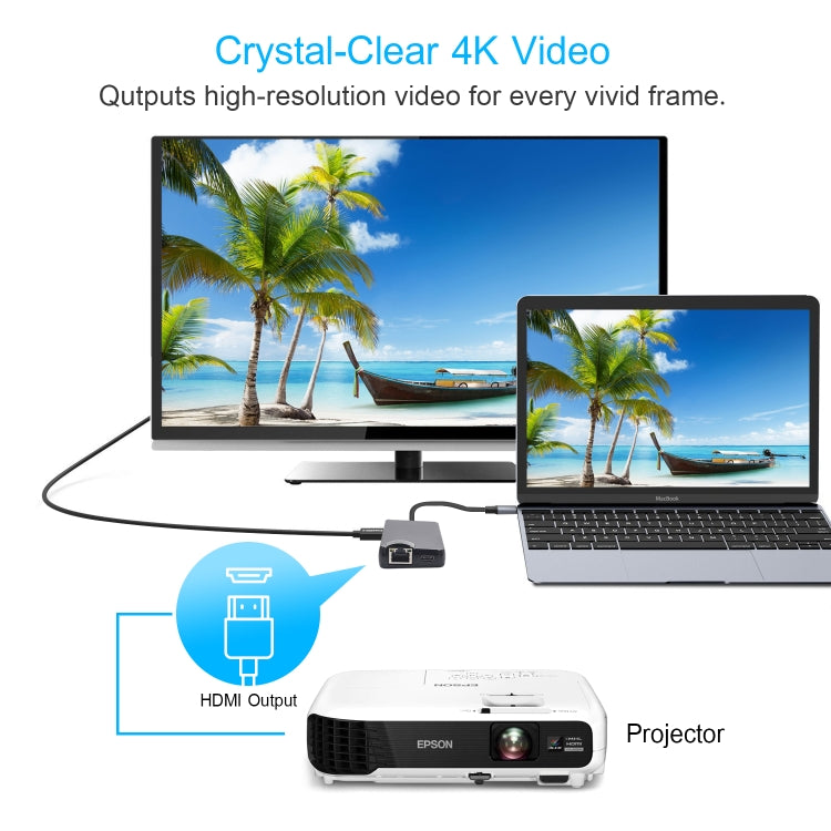 8 in 1 Type-C to HDMI + USB 3.0 + USB 3.0 + Type-C + LAN + VGA + TF/SD Card Reader Adapter(Grey)