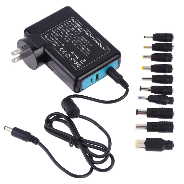 ZD-GP202 QC 3.0 USB + USB-C / Type-C Interface Laptop and Mobile Phone Power Adapter with 10 Tips Connectors, US Plug