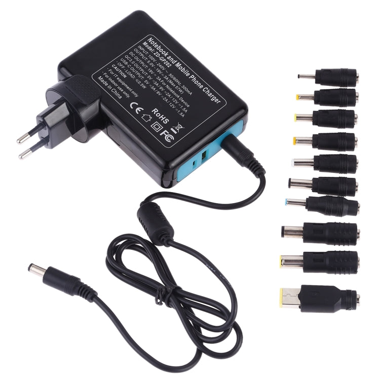 ZD-GP202 QC 3.0 USB + USB-C / Type-C Interface Laptop and Mobile Phone Power Adapter with 10 Tips Connectors, EU Plug
