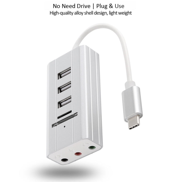 Multi-function SD / TF Card Slot + 3.5mm Audio Port + 3 x USB 2.0 Ports to USB-C / Type-C HUB Aluminum Alloy Sound Card (Silver)
