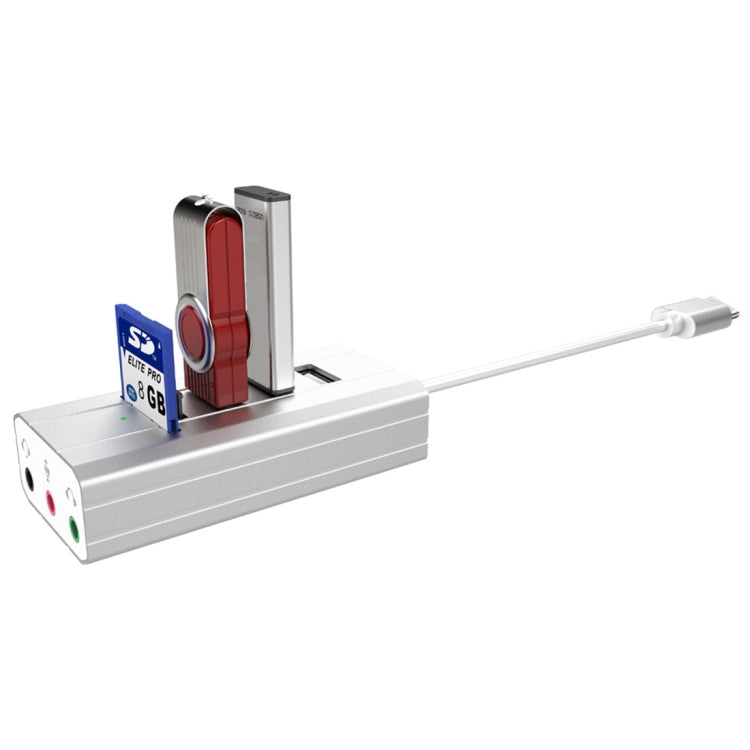 Multi-function SD / TF Card Slot + 3.5mm Audio Port + 3 x USB 2.0 Ports to USB-C / Type-C HUB Aluminum Alloy Sound Card (Silver)