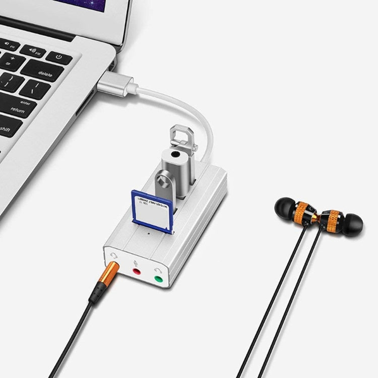 Multi-function SD / TF Card Slot + 3.5mm Audio Port + 3 x USB 2.0 Ports to USB-C / Type-C HUB Aluminum Alloy Sound Card (Silver)
