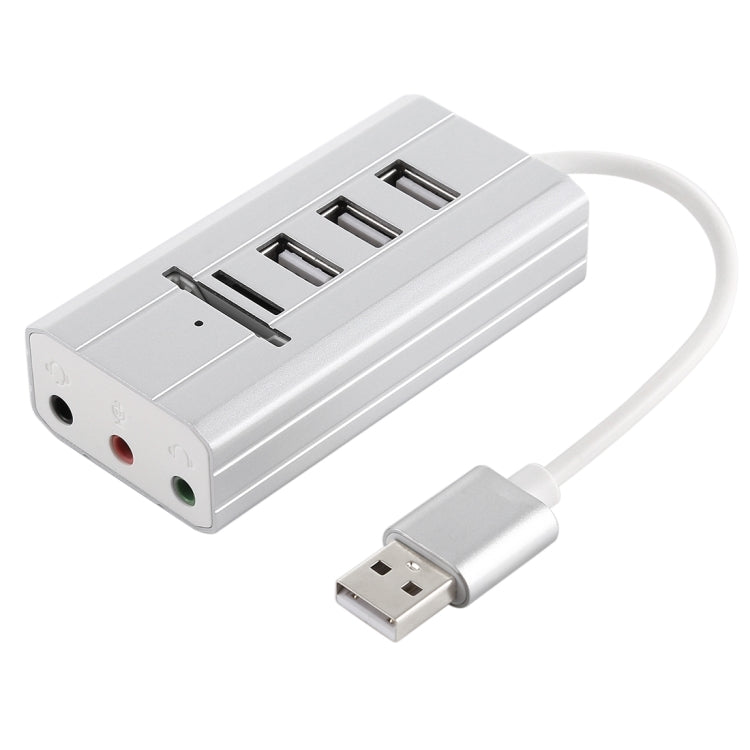 Multi-function SD / TF Card Slot + 3.5mm Audio Port + 3 x USB 2.0 Ports to USB HUB Aluminum Alloy Sound Card(Silver)