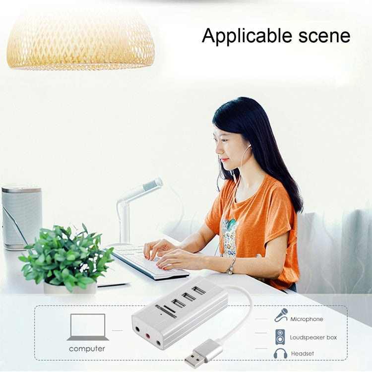 Multi-function SD / TF Card Slot + 3.5mm Audio Port + 3 x USB 2.0 Ports to USB HUB Aluminum Alloy Sound Card(Silver)