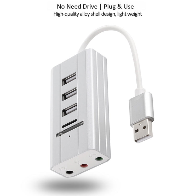 Multi-function SD / TF Card Slot + 3.5mm Audio Port + 3 x USB 2.0 Ports to USB HUB Aluminum Alloy Sound Card(Silver)