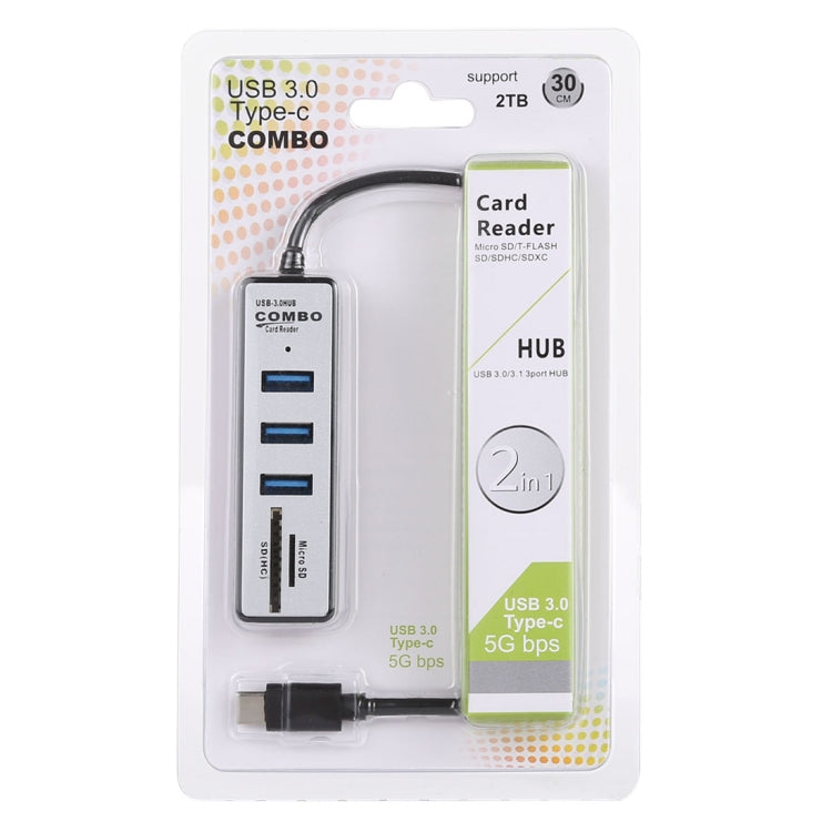 2 in 1 TF / SD Card Reader + 3 x USB 3.0 Ports to USB-C / Type-C HUB Converter, Cable Length: 26cm