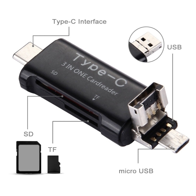 3 in 1 USB-C / Type-C 3.1 to USB 2.0 + Micro USB + SD(HC) + Micro SD Card Reader Adapter for