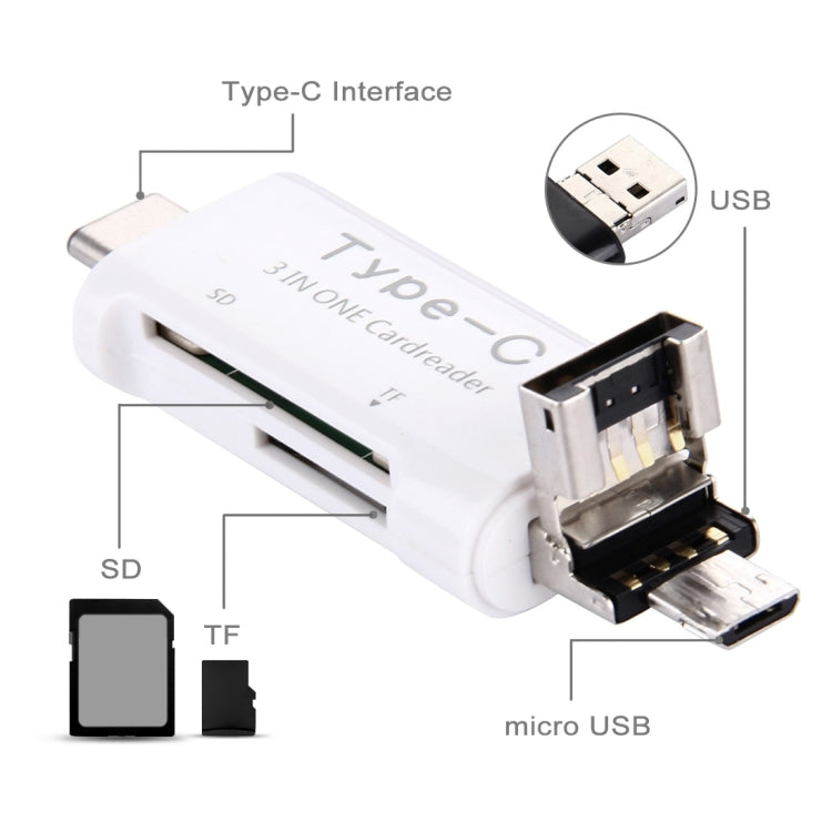 3 in 1 USB-C / Type-C 3.1 to USB 2.0 + Micro USB + SD(HC) + Micro SD Card Reader Adapter for
