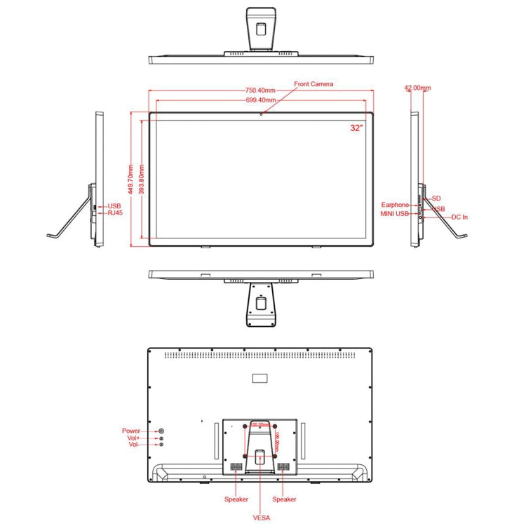 32 inch LCD Display Digital Photo Frame, RK3288 Quad Core Cortex A17 up to 1.8GHz, Android 8.1, 2GB+16GB, Support WiFi & Ethernet & Bluetooth & SD Card & 3.5mm Jack