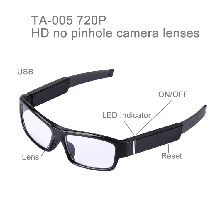 TA-005 HD 1080P 5.0 Mega Pixels CMOS Glasses DVR Recorder No Pinhole Camera with Audio / Video Recording / Photo Function, Support TF Card up to 32GB (Plain Glass Spectacles)