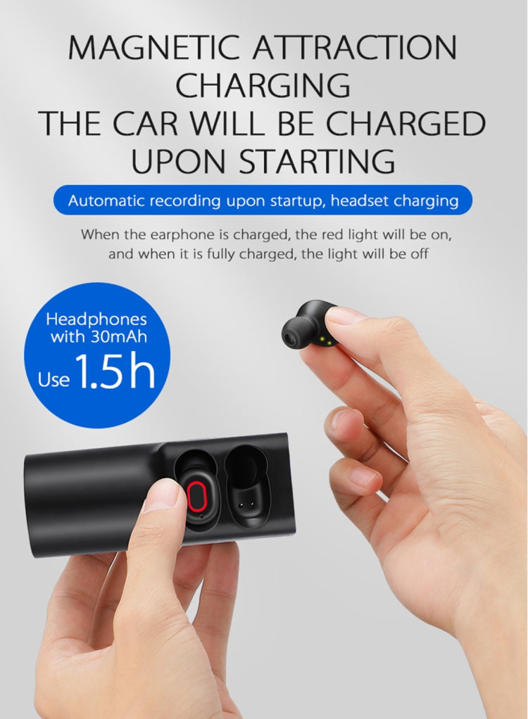 X1 2 in 1 Driving Recorder Video Record Camera + TWS Wireless Bluetooth Headset Earphones, Mstar 8336, 130 Degree Wide Angle, Voice Control, WiFi(Black)