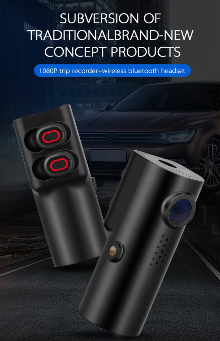 X1 2 in 1 Driving Recorder Video Record Camera + TWS Wireless Bluetooth Headset Earphones, Mstar 8336, 130 Degree Wide Angle, Voice Control, WiFi(Black)