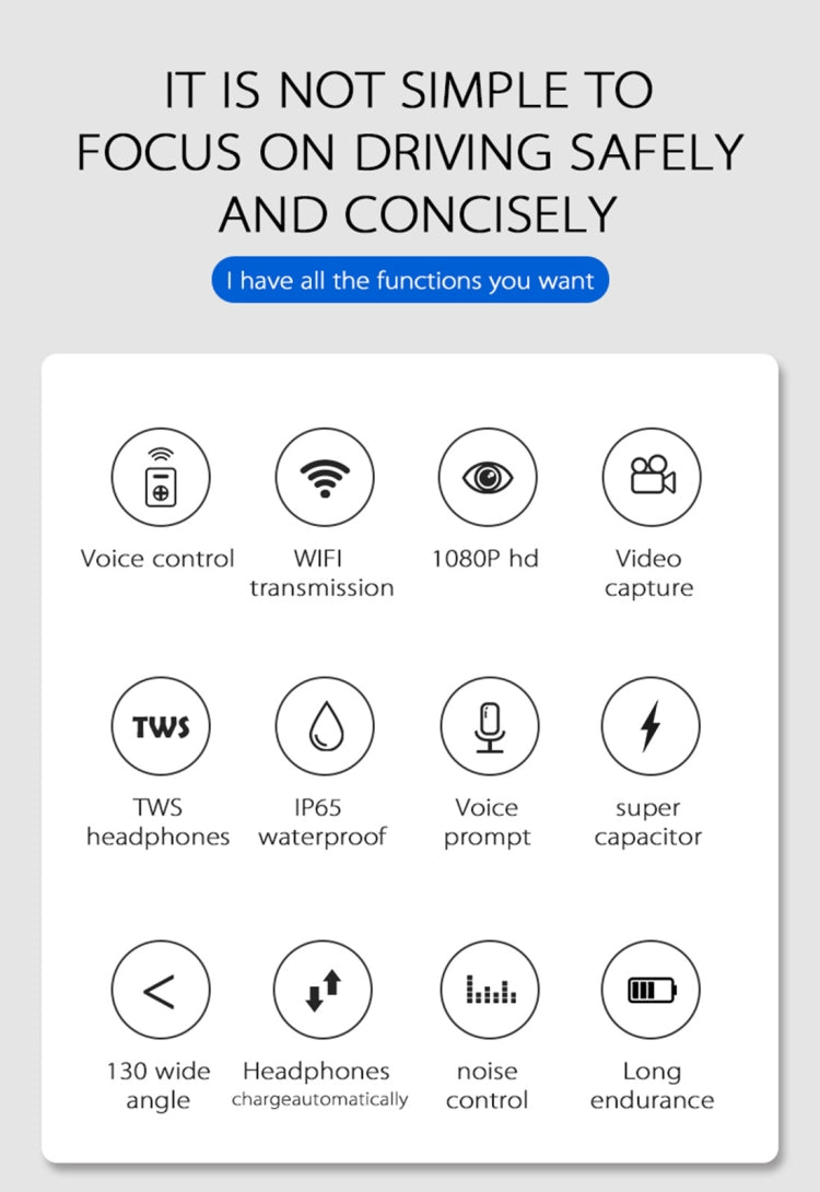 X1 2 in 1 Driving Recorder Video Record Camera + TWS Wireless Bluetooth Headset Earphones, Mstar 8336, 130 Degree Wide Angle, Voice Control, WiFi(Black)
